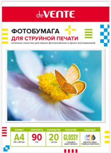 БУМАГА ДЛЯ СТРУЙНОЙ ПЕЧАТИ А4 deVENTE ГЛЯНЦЕВАЯ ОДНОСТОРОННЯЯ 90Г/М²  20 ЛИСТОВ