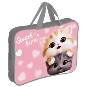 ПАПКА ПОРТФЕЛЬ НА МОЛНИИ С РУЧКАМИ А4 "CUTE CATS" ТЕКСТИЛЬ 34*26*4СМ 