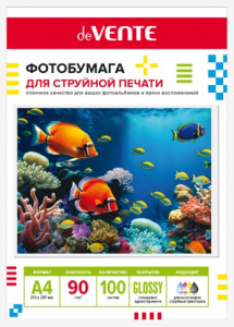 БУМАГА ДЛЯ СТРУЙНОЙ ПЕЧАТИ А4 deVENTE ГЛЯНЦЕВАЯ ОДНОСТОРОННЯЯ 90Г/М²  100 ЛИСТОВ