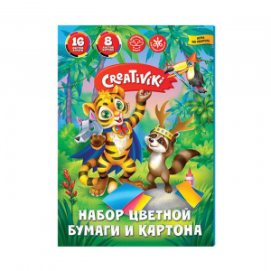 НАБОР ЦВЕТНОЙ БУМАГИ 16Л + КАРТОН "CREATIVIKI"  8ЦВ