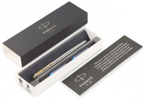 РУЧКА ПОДАРОЧНАЯ ПЕРЬЕВАЯ СИНЯЯ PARKER "SONNET STAINLESS STEEL" GT ЦВЕТ КОРПУСА СЕРЕБРО В КАРТОННОМ ФУТЛЯРЕ