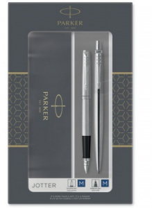 РУЧКА ПОДАРОДЧНАЯ НАБОР PARKER "JOTTER CORE" FK61 СИНЯЯ ШАРИКОВАЯ + ПЕРО ЦВЕТ КОРПУСА СЕРЕБРО В ПОДАРОЧНОЙ КОРОБКЕ