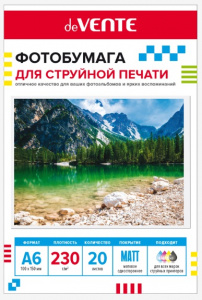 БУМАГА ДЛЯ СТРУЙНОЙ ПЕЧАТИ А6 deVENTE МАТОВАЯ ОДНОСТОРОННЯЯ 230Г/М²  20 ЛИСТОВ