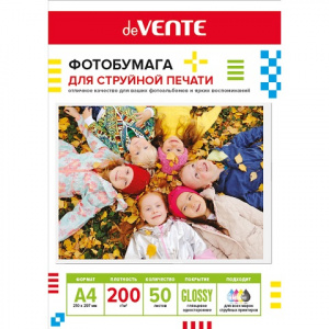 БУМАГА ДЛЯ СТРУЙНОЙ ПЕЧАТИ А4 deVENTE ГЛЯНЦЕВАЯ ОДНОСТОРОННЯЯ 200Г/М²  50 ЛИСТОВ