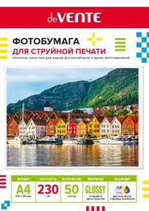 БУМАГА ДЛЯ СТРУЙНОЙ ПЕЧАТИ А4 deVENTE ГЛЯНЦЕВАЯ ОДНОСТОРОННЯЯ 230Г/М²  50 ЛИСТОВ
