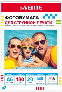 БУМАГА ДЛЯ СТРУЙНОЙ ПЕЧАТИ А6 deVENTE МАТОВАЯ ОДНОСТОРОННЯЯ 180Г/М² 20 ЛИСТОВ