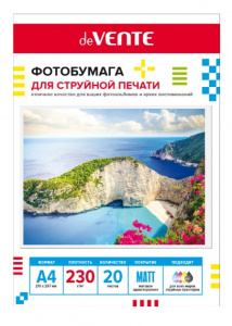 БУМАГА ДЛЯ СТРУЙНОЙ ПЕЧАТИ А4 deVENTE МАТОВАЯ ОДНОСТОРОННЯЯ 230Г/М²  20 ЛИСТОВ