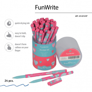 РУЧКА ШАРИКОВАЯ "FUN WRITE. СЕРДЕЧКИ. ЭМОЦИИ. МАЛИНА"