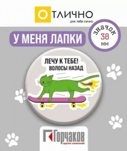 ЗНАЧОК "ЛЕЧУ К ТЕБЕ! ВОЛОСЫ НАЗАД" 38 ММ