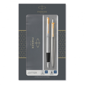 РУЧКА ПОДАР НАБОР PARKER "JOTTER STAINLESS STEEL GT" СИНЯЯ ШАРИКОВАЯ + ПЕРО ЦВЕТ КОРПУСА СЕРЕБРО В ПОДАРОЧНОЙ КОРОБКЕ