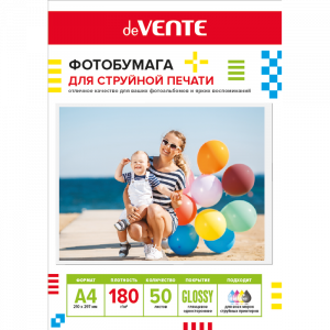 БУМАГА ДЛЯ СТРУЙНОЙ ПЕЧАТИ А4 deVENTE ГЛЯНЦЕВАЯ ОДНОСТОРОННЯЯ 180Г/М²  50 ЛИСТОВ