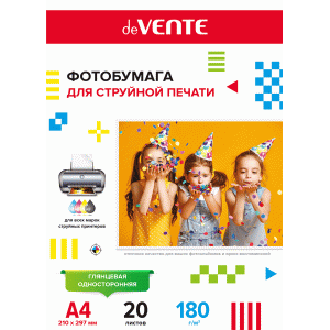 БУМАГА ДЛЯ СТРУЙНОЙ ПЕЧАТИ А4 deVENTE ГЛЯНЦЕВАЯ ОДНОСТОРОННЯЯ 180Г/М²  20 ЛИСТОВ