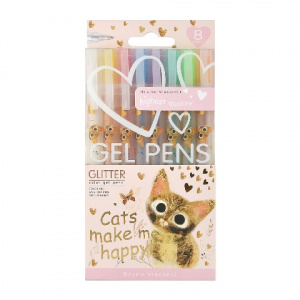 НАБОР ГЕЛЕВЫХ РУЧЕК "GLITTER КОТИКИ ДЕЛАЮТ НАС СЧАСТЛИВЫМИ"  8ЦВ 1ММ