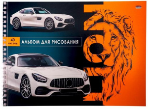 АЛЬБОМ ДЛЯ РИСОВАНИЯ НА ГРЕБНЕ 40 ЛИСТОВ "ЛЕВ И АВТО" 