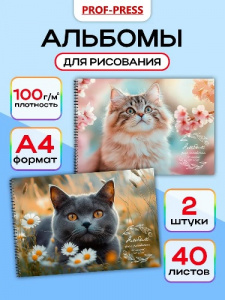 АЛЬБОМ ДЛЯ РИСОВАНИЯ НА ГРЕБНЕ 40 ЛИСТОВ "КОТЫ И ЦВЕТЫ" 