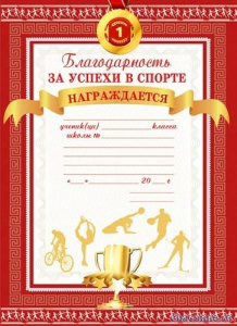 БЛАГОДАРНОСТЬ  ЗА УСПЕХИ В СПОРТЕ