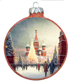 ИГРУШКА СТЕКЛЯННАЯ МЕДАЛЬОН "ХРАМ ВАСИЛИЯ БЛАЖЕННОГО НА ОРАНЖЕВОМ" 10СМ В УПАКОВКЕ
